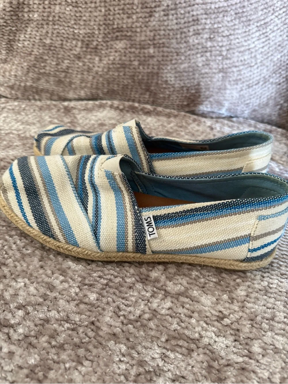Toms Blue Off White Gray Striped Slip On Woven Texture Espadrilles Flats 7.5